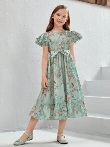 SHEIN Girls Floral Print Ruffle Hem Belted Dress - Multicolor - View 3
