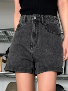 DAZY 斜口袋捲邊牛仔短褲 - 深灰色 - 查看 4