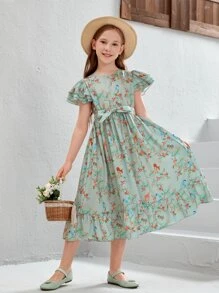 SHEIN Girls Floral Print Ruffle Hem Belted Dress - Multicolor - View 4