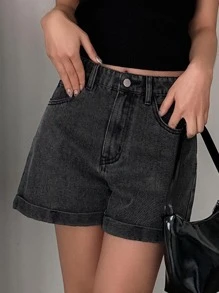 DAZY 斜口袋捲邊牛仔短褲 - 深灰色 - 查看 6
