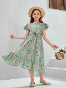 SHEIN Girls Floral Print Ruffle Hem Belted Dress - Multicolor - View 5