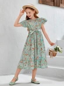 SHEIN Girls Floral Print Ruffle Hem Belted Dress - Multicolor - View 6
