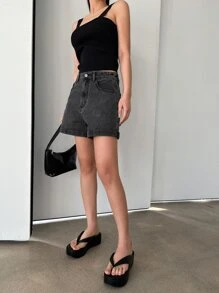 DAZY 斜口袋捲邊牛仔短褲 - 深灰色 - 查看 7