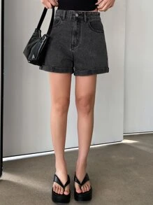 DAZY 斜口袋捲邊牛仔短褲 - 深灰色 - 查看 8