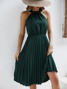 SHEIN Frenchy 素色百褶下擺掛脖連衣裙 - 墨綠色 - 查看 3
