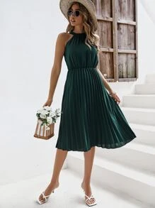 SHEIN Frenchy 素色百褶下擺掛脖連衣裙 - 墨綠色 - 查看 5