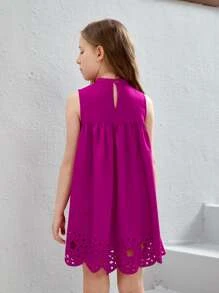 SHEIN Cô gái Tween Nơ mặt trước Laser Cut Cắt vỏ sò Đầm - Màu tím - Xem 2
