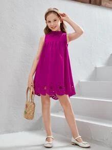 SHEIN Cô gái Tween Nơ mặt trước Laser Cut Cắt vỏ sò Đầm - Màu tím - Xem 4