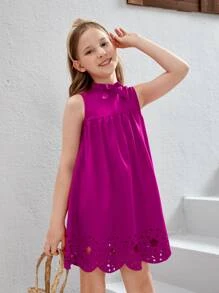 SHEIN Cô gái Tween Nơ mặt trước Laser Cut Cắt vỏ sò Đầm - Màu tím - Xem 5