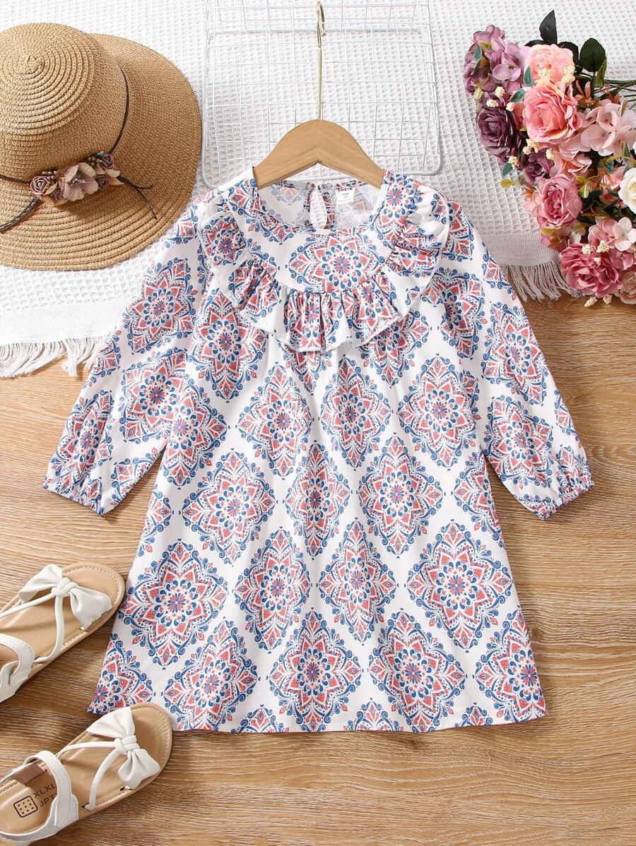 Niñitas Vestido con estampado ribete con fruncido de espalda con abertura de ojo - Blanco - Ver 1