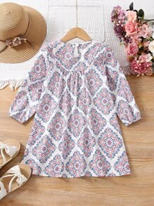 Niñitas Vestido con estampado ribete con fruncido de espalda con abertura de ojo - Blanco - Ver 2