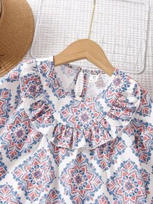 Niñitas Vestido con estampado ribete con fruncido de espalda con abertura de ojo - Blanco - Ver 3