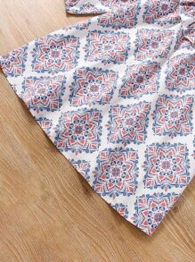 Niñitas Vestido con estampado ribete con fruncido de espalda con abertura de ojo - Blanco - Ver 4