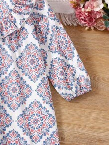 Niñitas Vestido con estampado ribete con fruncido de espalda con abertura de ojo - Blanco - Ver 5