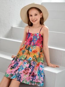 SHEIN Đầm Gái viền lá sen Viên lá sen Nút phía trước Hoa Tất cả trên in Boho - Nhiều màu - Xem 3