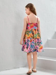 SHEIN Đầm Gái viền lá sen Viên lá sen Nút phía trước Hoa Tất cả trên in Boho - Nhiều màu - Xem 2