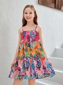 SHEIN Đầm Gái viền lá sen Viên lá sen Nút phía trước Hoa Tất cả trên in Boho - Nhiều màu - Xem 1