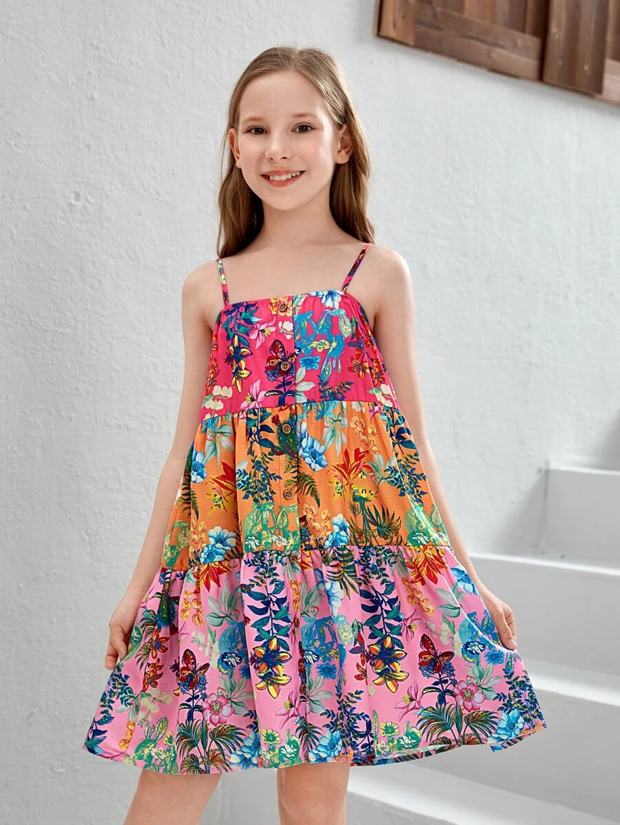 SHEIN Đầm Gái viền lá sen Viên lá sen Nút phía trước Hoa Tất cả trên in Boho - Nhiều màu - Xem 1