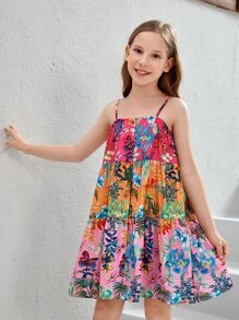 SHEIN Đầm Gái viền lá sen Viên lá sen Nút phía trước Hoa Tất cả trên in Boho - Nhiều màu - Xem 4