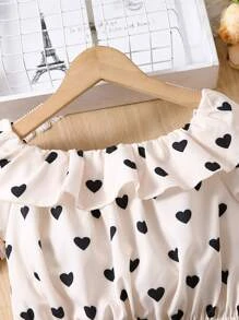 SHEIN 女孩愛心圖案荷葉邊上衣和附腰帶短褲 - 彩色 - 查看 3