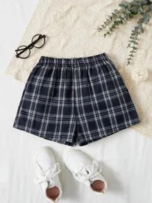 SHEIN 青少年女孩宽松休闲百搭格子松紧腰短裤