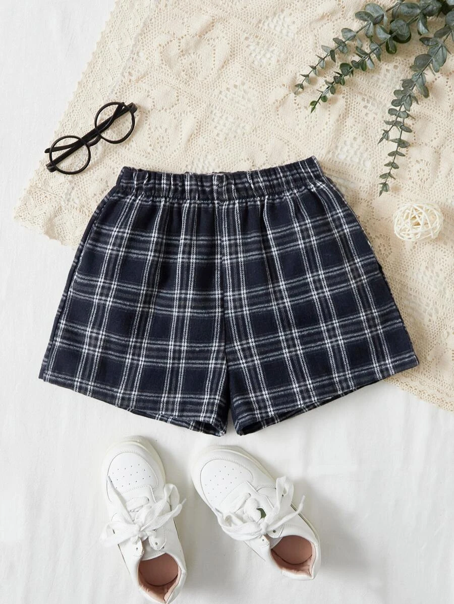 SHEIN 青少年女孩宽松休闲百搭格子松紧腰短裤
