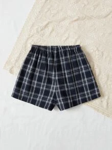 SHEIN 青少年女孩宽松休闲百搭格子松紧腰短裤