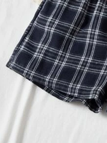 SHEIN 青少年女孩宽松休闲百搭格子松紧腰短裤