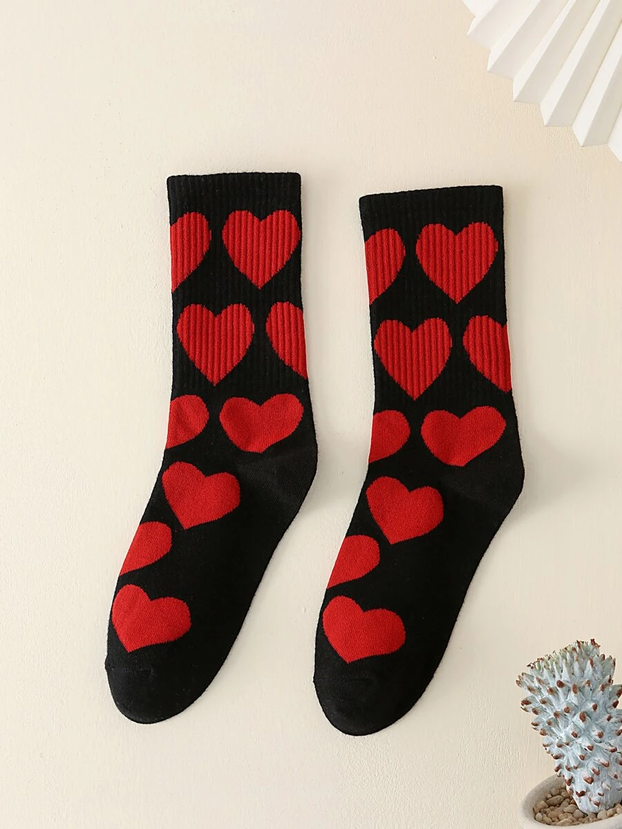 1双女士舒适休闲时尚红色爱心图案中筒袜 - 彩色 - 查看 1