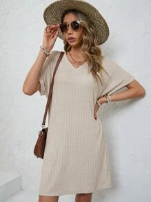 SHEIN Frenchy 素色蝙蝠袖條紋針織T恤洋裝 - 杏色 - 查看 4