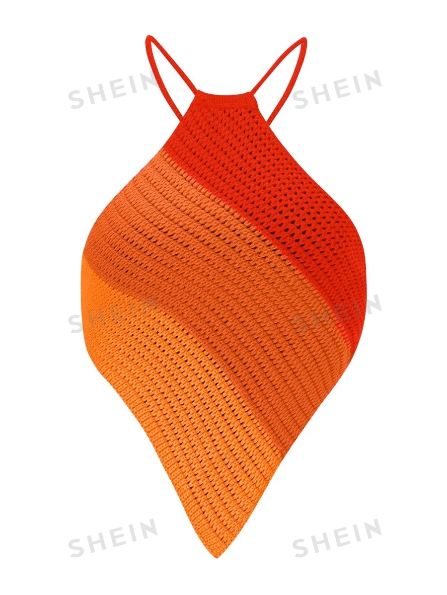 Breezaya Top de punto de color combinado de espalda abierta bajo asimétrico - Naranja - Ver 1
