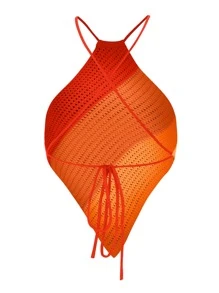 Breezaya Colourblock Backless Asymmetrical Hem Knit Top - Orange - View 2