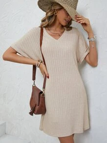 SHEIN Frenchy 素色蝙蝠袖條紋針織T恤洋裝 - 杏色 - 查看 6