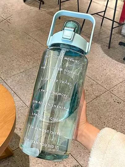 1個2000ml塑料水瓶,現代主義黑色時鐘刻度表和吸管蓋設計,適用於家庭返校用品