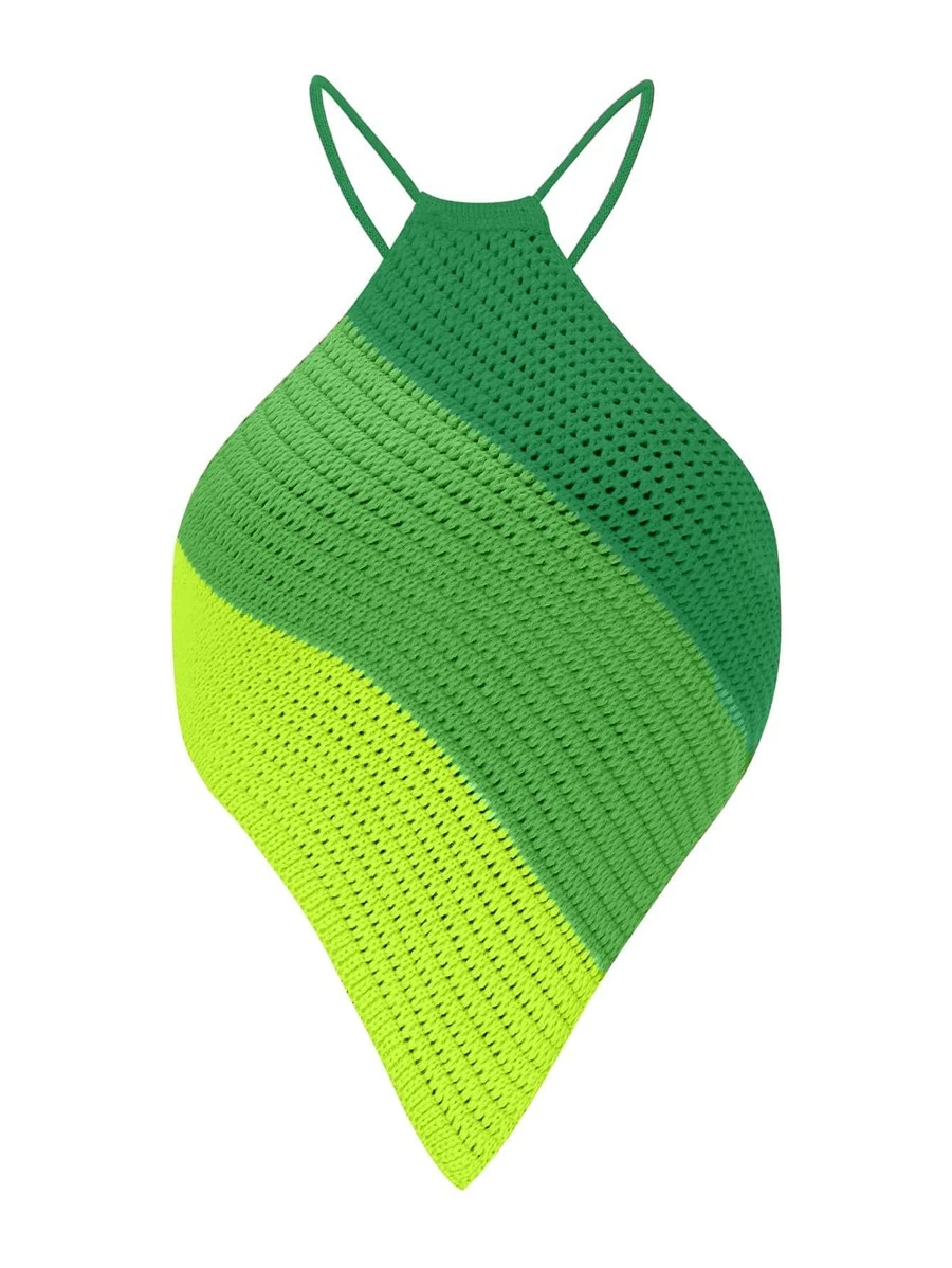 Franclia Top de punto unicolor de espalda abierta con cordón bajo asimétrico - Verde - Ver 1