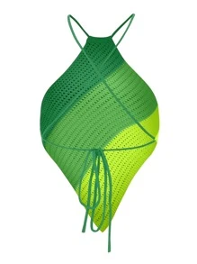 Franclia Top de punto unicolor de espalda abierta con cordón bajo asimétrico - Verde - Ver 2