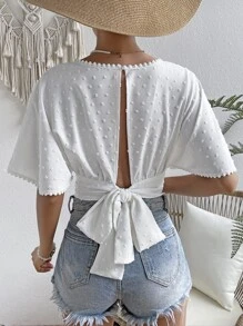 SHEIN VCAY Swiss Dot Tie Back Batwing Sleeve Blouse - White - View 2