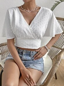 SHEIN VCAY Swiss Dot Tie Back Batwing Sleeve Blouse - White - View 1