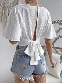 SHEIN VCAY Swiss Dot Tie Back Batwing Sleeve Blouse - White - View 4