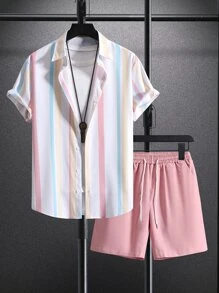Manfinity RSRT Men Striped Shirt & Drawstring Waist Shorts Without Tee - Multicolor - View 1