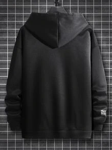 Manfinity Men Plus Slogan Graphic Kangaroo Pocket Drawstring Thermal Hoodie - Black - View 2