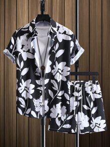 Manfinity RSRT Men Floral Print Shirt & Drawstring Waist Shorts Without Tee - Black and White - View 3