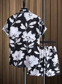 Manfinity RSRT Men Floral Print Shirt & Drawstring Waist Shorts Without Tee - Black and White - View 2
