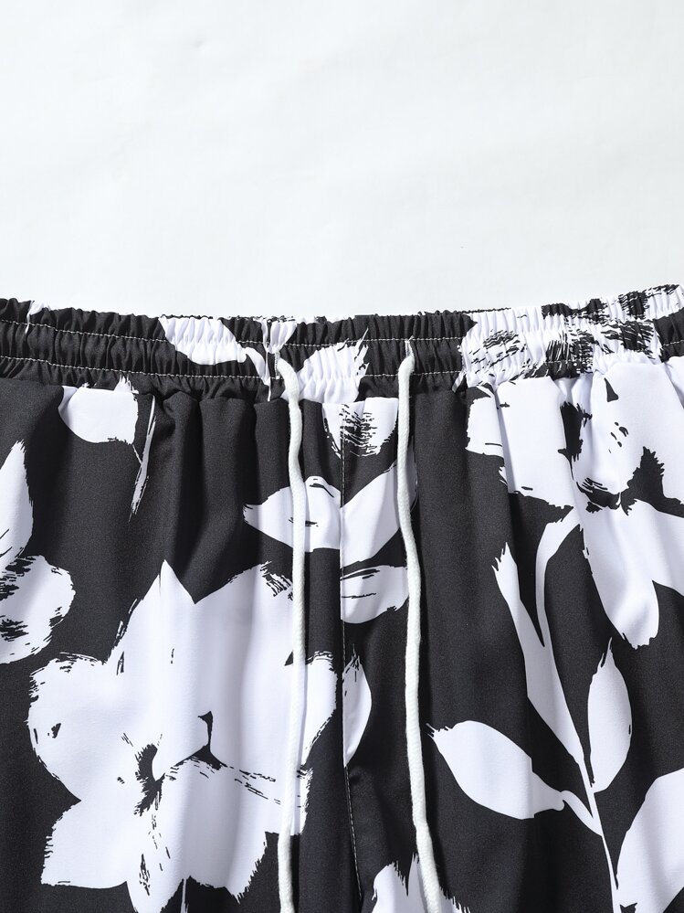 Manfinity RSRT Hombres con estampado floral Camisa & de cintura con cordón Shorts sin camiseta - Blanco y Negro - Añade 5