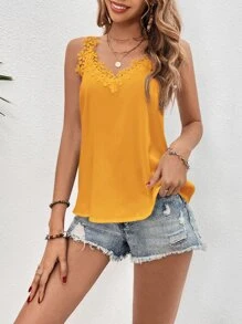 SHEIN Clasi Áo hai dây Tương phản ren màu trơn Giải trí - Màu vàng - Xem 1