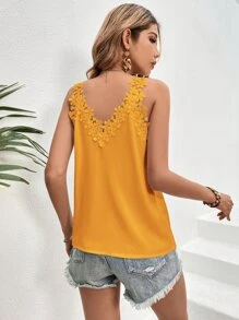 SHEIN Clasi Áo hai dây Tương phản ren màu trơn Giải trí - Màu vàng - Xem 2