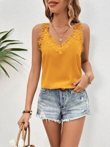 SHEIN Clasi Áo hai dây Tương phản ren màu trơn Giải trí - Màu vàng - Xem 5