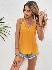 SHEIN Clasi Áo hai dây Tương phản ren màu trơn Giải trí - Màu vàng - Xem 6