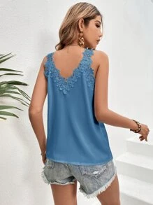 SHEIN Clasi Guipure Lace Panel Tank Top - Blue - View 2