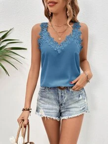 SHEIN Clasi Guipure Lace Panel Tank Top - Blue - View 6